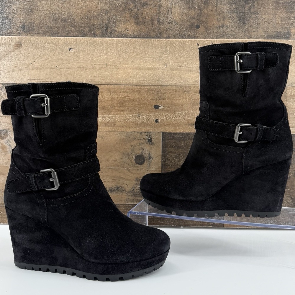 Prada Women's Black Suede Wedge Boots Size 38 (US 7.5-8) Buckle Strap Lug Sole - Picture 2 of 12
